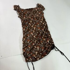 ROMWE Dress Womens XL Brown Mushrooms Ruched Bodycon babydoll y2k 90s whimsy